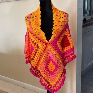 Handmade crochet boho poncho granny square colorful Hot pink orange retro OS